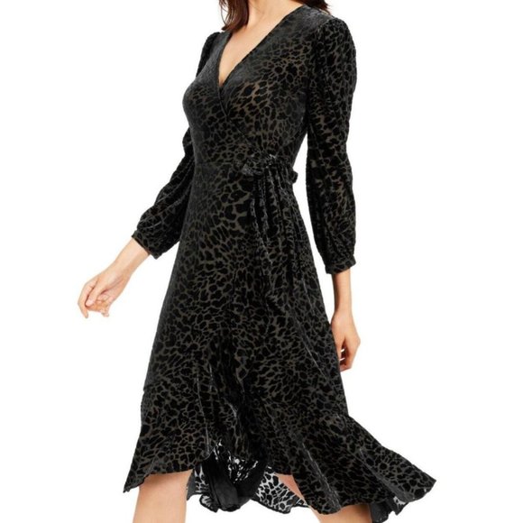 NWT - Calvin Klein - Black Burnout Animal Print Velvet Wrap Dress - Size 4 - Picture 1 of 9
